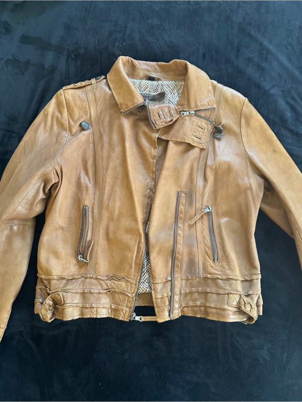 Guess Women's Tan Leather Bomber Jacket Size XL